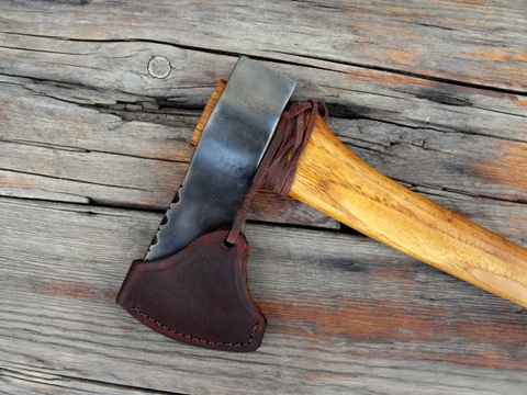 custom hand forged axe with leather sheath