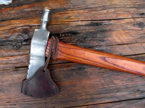 custom hand forged hammer poll tomahawk with a leather sheath