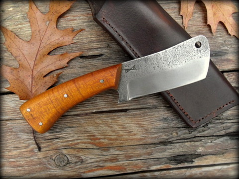custom forged camp cleaver with a leather sheath