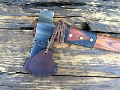 custom hand forged polled tomahawk with a leather sheath