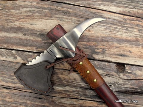 hand-forged custom tomahawk with a leather sheath